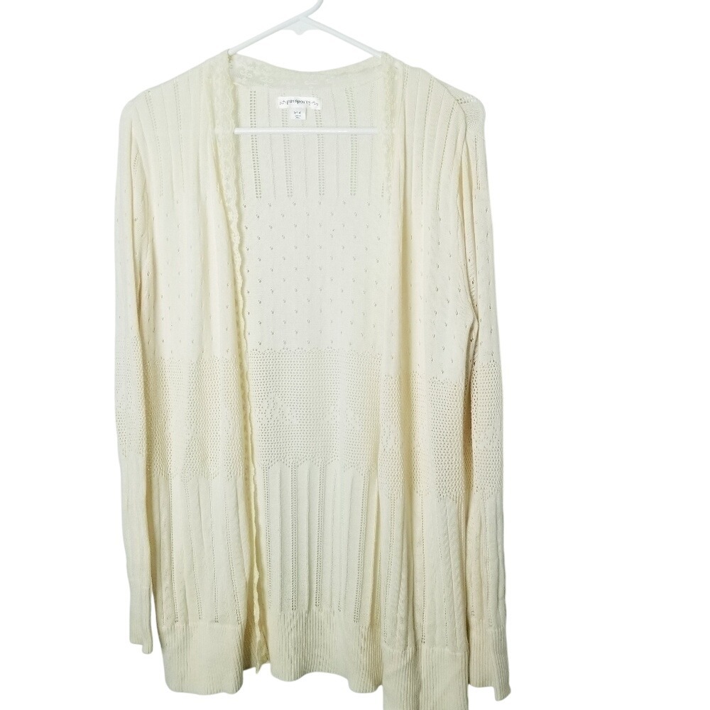 Passports S Cream Knit Cardigan Sweater Lace Trim Open Front Casual Cottage Boho